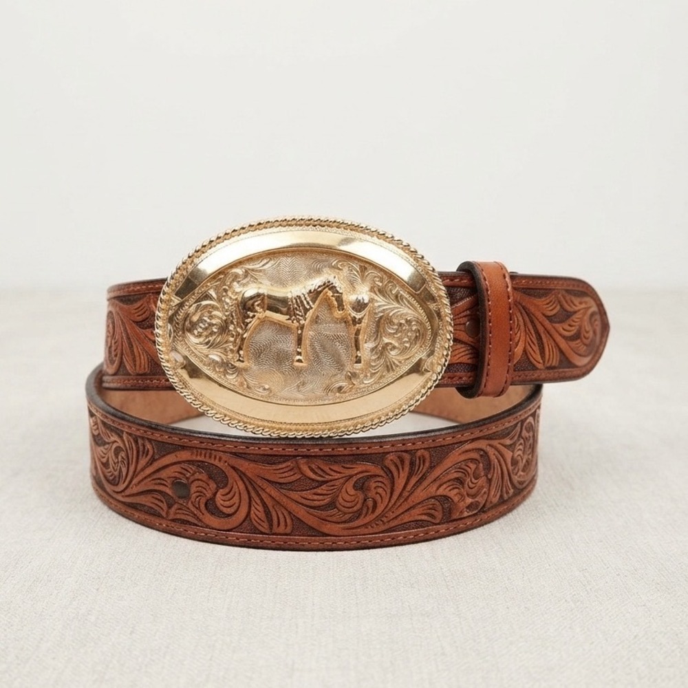 Sheplers Mens Brown Tooled Leather Western Belt Oversized Horse Trophy Buckle - Picture 2 of 9